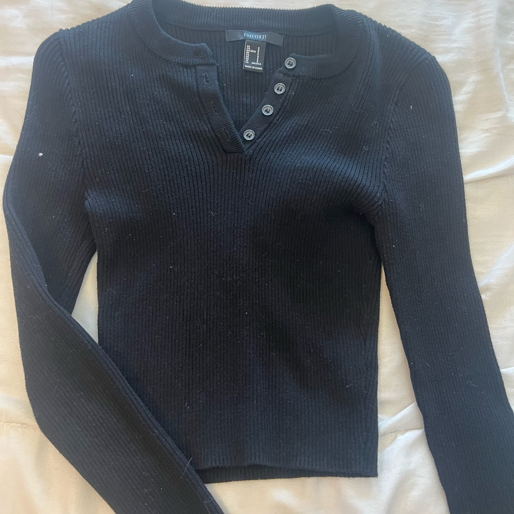 Forever 21 Black Long Sleeve Henley Top